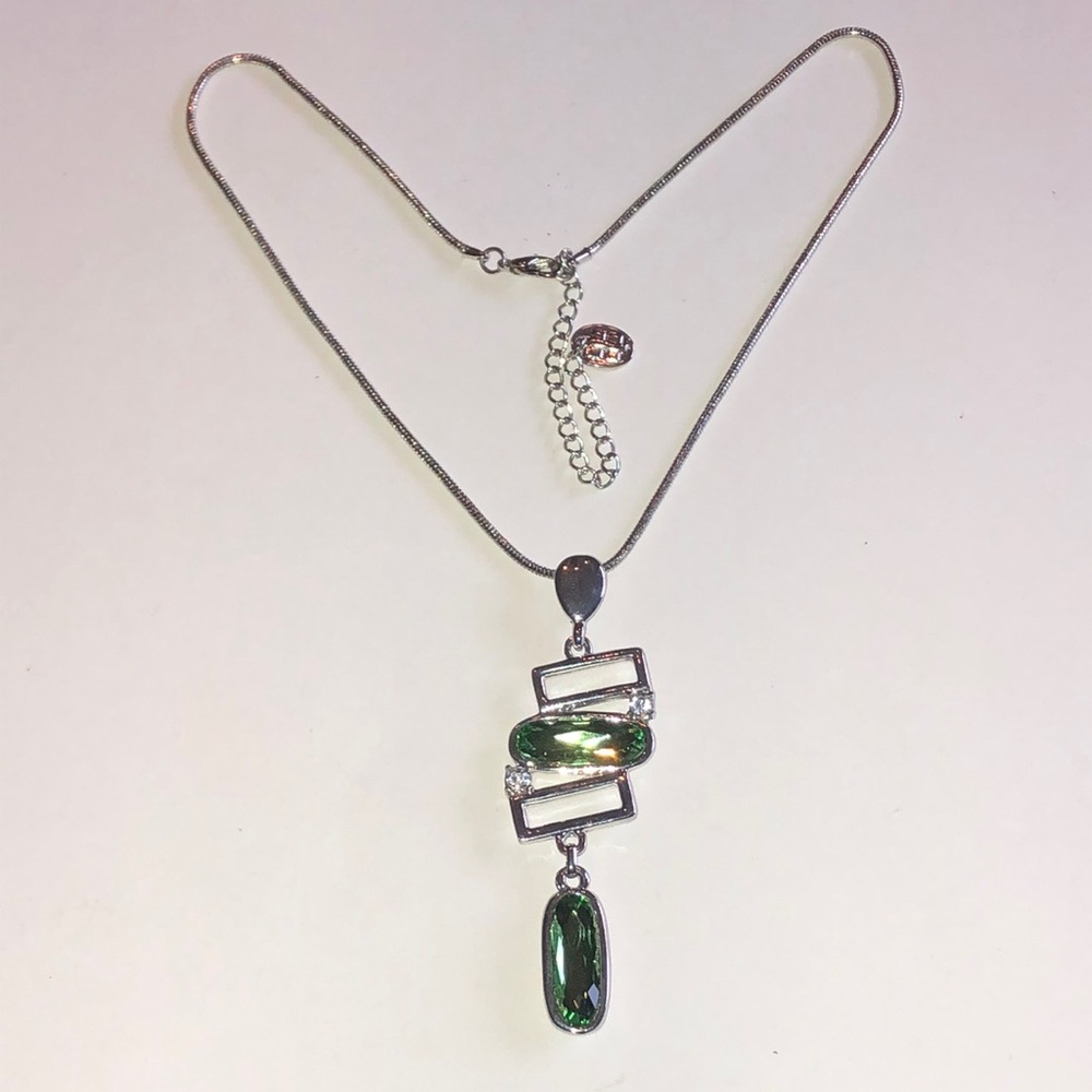 Silver Tone Green Crystal Boho Pendant Necklace - Picture 2 of 6